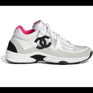 CHANEL CC LOGO SNEAKERS WHITE SILVER PINK sz 40